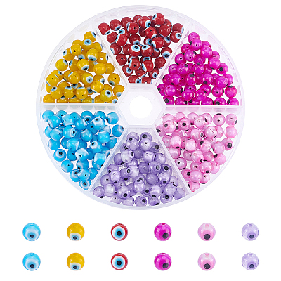 240Pcs 6 Colors Handmade Evil Eye Lampwork Round Bead LAMP-NB0001-76A-1