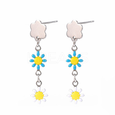 Enamel Flower Long Dangle Stud Earrings EJEW-N049-04A-1