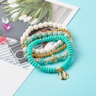 Shell Shape Cubic Zirconia Charm Stretch Bracelets Set for Teen Girl Women X1-BJEW-JB06850-04-1