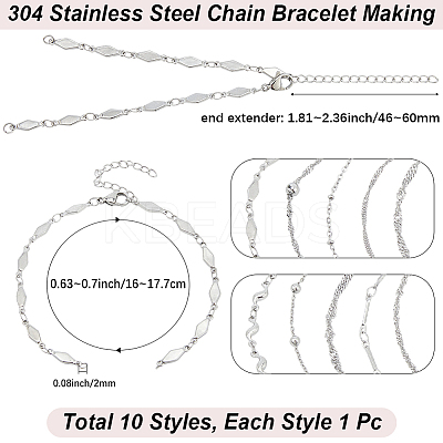 10Pcs 10 Styles 304 Stainless Steel Chain Bracelet Making AJEW-BBC0002-51-1