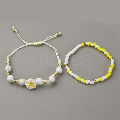 2Pcs Glass Seed Round Beads Stretch Bracelets & Plumeria Resin Beads Braided Bead Bracelets for Women BJEW-WH0023-64B-1