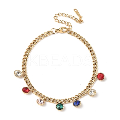 304 Stainless Steel Rhinestone Flat Round Charm Bracelets BJEW-V011-01G-05-1