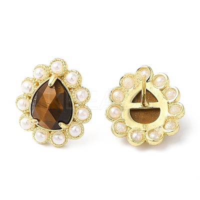 Ion Plating(IP) Natural Tiger Eye Teardrop Stud Earrings with Plastic Pearl Beaded EJEW-E599-05G-01-1