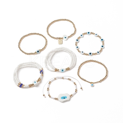 7Pcs 7 Style Evil Eye Lampwork & Glass Seed & Brass Beaded Stretch Bracelets Set for Women BJEW-JB09249-02-1