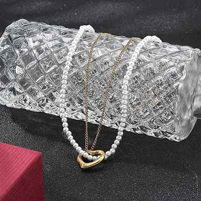 Ion Plating(IP) 304 Stainless Steel & Plastic Pearl Beaded Double Layer Necklaces NJEW-P320-25G-1
