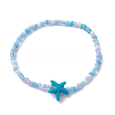 Glass Seed & Synthetic Turquoise Starfish Beaded Stretch Bracelet for Women BJEW-JB09709-01-1