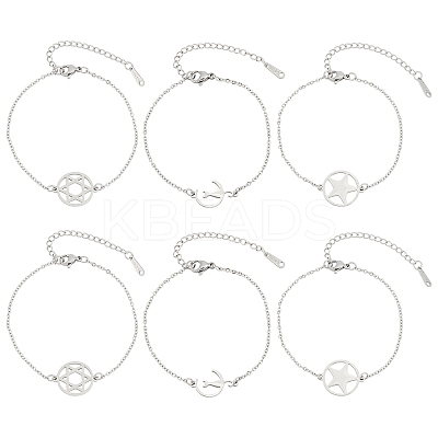 6Pcs 3 Styles 201 Stainless Steel Pentacle Link Bracelets BJEW-UN0001-16P-1