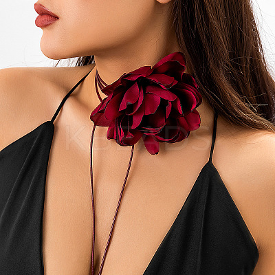 Retro Cloth Rose Flower Waxed Cord Wrap Choker Necklaces for Women WG01AE5-05-1
