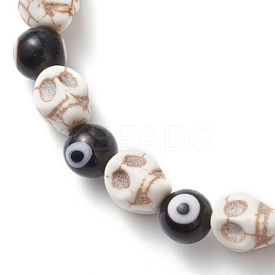 4Pcs 4 Colors Halloween Dyed Synthetic Turquoise Skull & Lampwork Evil Eye Round Beaded Stretch Bracelet Sets for Women Men BJEW-JB12268-1