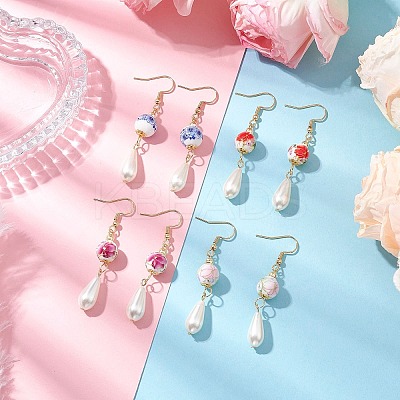 Round with Flower Pattern Porcelain Ceramic Dangle Earrings EJEW-JE06347-1