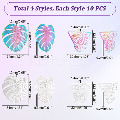 40Pcs 4 Style 201 Stainless Steel Filigree Pendants STAS-DC0010-05-1