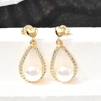 Teardrop with Round Brass Micro Pave Clear Cubic Zirconia Dangle Stud Earrings EJEW-A135-19G-1