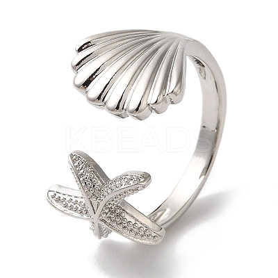 Starfish & Shell Shape Rack Plating Brass Open Cuff Finger Rings for Women RJEW-L123-010P-1