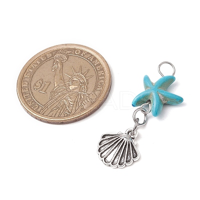 Starfish/Sea Stars Dyed Synthetic Turquoise & Alloy Shell Shape Pendants PALLOY-JF03957-01-1
