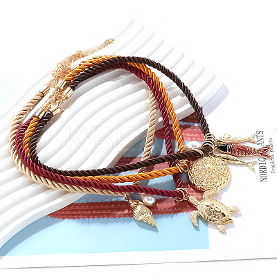 4Pcs 4 Styles Alloy Fish Starfish Shell Shape Pendant Cotton Cord Necklaces for Women NJEW-F357-01KCG-1