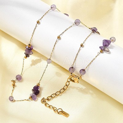 Natural Amethyst Chip 304 Stainless Steel Link Chain Necklaces for Women NJEW-K255-59G-1