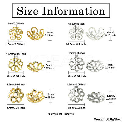60Pcs 6 Styles Flower Brass Fancy Bead Caps KK-CJ0002-20-NR-1