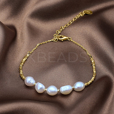 925 Sterling Silver Square & Natural Pearl Beaded Bracelets BJEW-Z025-07G-1