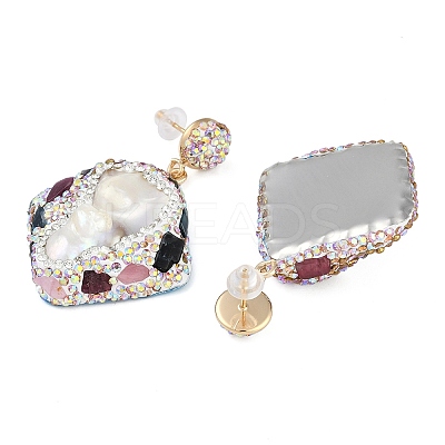 Rack Plating Rhombus Brass With Natural Tourmaline & Natural Pearl Handmade Indonesia Stud Earrings EJEW-U010-03B-G-1