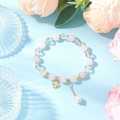 Natural Quartz Crystal & Rose Quartz Round Beaded Stretch Bracelets BJEW-JB11935-02-1