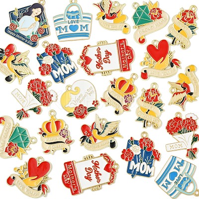 24Pcs 12 Styles Mother's Day Theme Alloy Enamel Pendants ENAM-FS0002-77-1