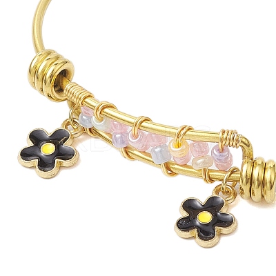 Glass Seed Beads & Stainless Steel Bangles with Black Flower for Women BJEW-JB10411-1