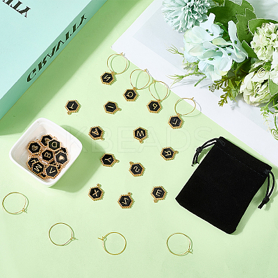 Hexagon with Letter Alloy Black Enamel Pendants Wine Glass Charms DIY-SC0030-20-1