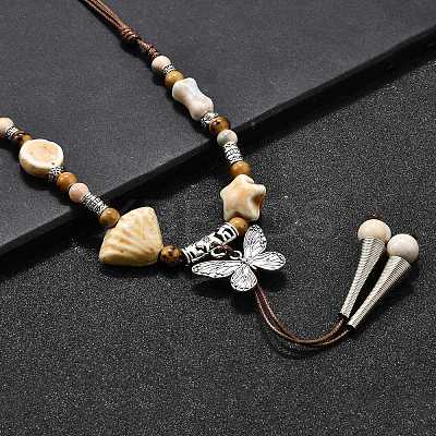 Ethnic Style Alloy & Porcelain Ceramic Beads Butterfly Pendant Tassel Y Necklaces LS-NJEW-D308-01D-1