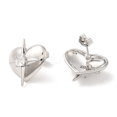 Rack Plating Brass Heart with Star Stud Earrings with Clear Cubic Zirconia Earring for Women EJEW-A101-05P-1