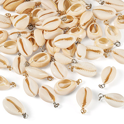 60Pcs 2 Colors Natural Cowrie Shell Pendants PALLOY-TA00305-1
