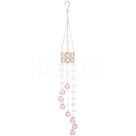 Flower Round Glass Beads Tassel Hanging Suncatchers for Window Garden Outdoor Decoration HJEW-WH20020-007B-1