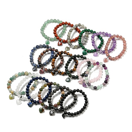 8.5mm Round Natural & Synthetic Mixed Gemstone Beaded Stretch Bracelets BJEW-C074-01-1