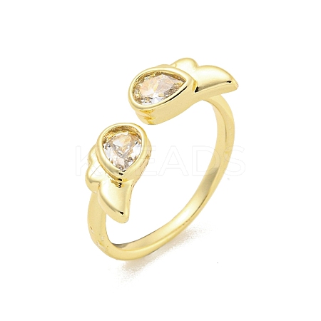 Rack Plated Brass Micro Pave Cubic Zirconia Teardrop with Wing Open Cuff Rings for Women RJEW-Z039-12G-1