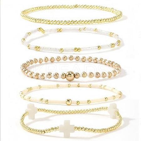 5Pcs 5 Styles Handmade Brass & Glass Beads Stretch Bracelet Set OI0028-10-1