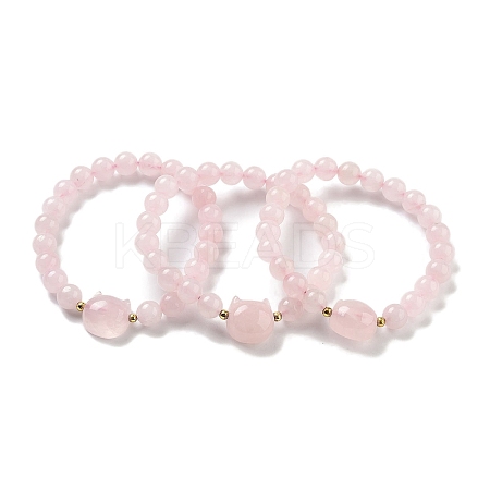 Round & Cat Head Natural Rose Quartz Beaded Stretch Bracelets for Women BJEW-K251-03C-1
