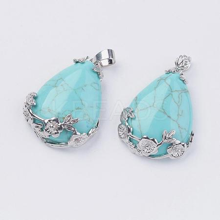 Teardrop with Flower Platinum Plated Brass Dyed Synthetic Turquoise Pendants G-F228-37L-RS-1