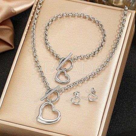 Heart 304 Stainless Steel Pendant Necklace & Stud Earring & Bracelet Sets for Women SJEW-F226-02P-1