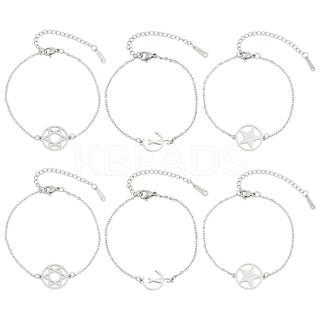 6Pcs 3 Styles 201 Stainless Steel Pentacle Link Bracelets BJEW-UN0001-16P-1