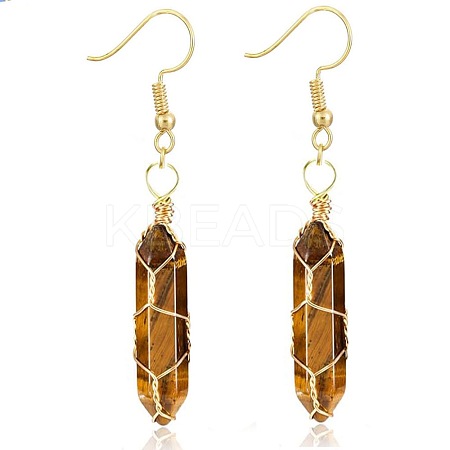 Tiger Quartz Hexagon Handmade Copper Wire Wrapped Earrings Natural Stone Column Earrings ND6138-5-1