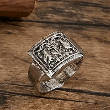 Rectangle with Bird & Flower Pattern Alloy Finger Rings FS-WGF2270-01-1