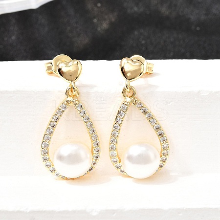 Teardrop with Round Brass Micro Pave Clear Cubic Zirconia Dangle Stud Earrings EJEW-A135-19G-1