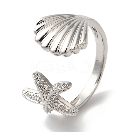 Starfish & Shell Shape Rack Plating Brass Open Cuff Finger Rings for Women RJEW-L123-010P-1