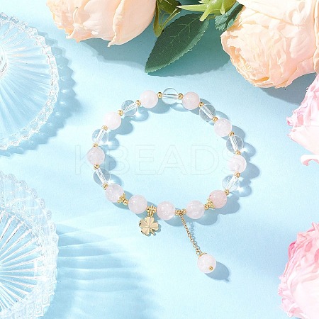 Natural Quartz Crystal & Rose Quartz Round Beaded Stretch Bracelets BJEW-JB11935-02-1
