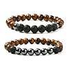 Natural Tiger Eye & Lava Rock & Synthetic Hematitie Beads Stretch Bracelet Set BJEW-JB07030-1