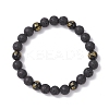 2Pcs 2 Styles Natural Lava Rock & Obsidian Om Mani Padme Hum Round Beaded Stretch Bracelet Sets BJEW-JB12247-3