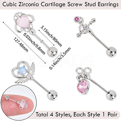 4 Pairs 4 Styles Brass Pave Cubic Zirconia Cartilage Earrings AJEW-BBC0002-50-1