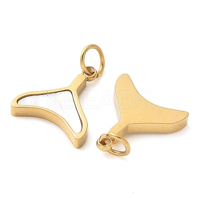 304 Stainless Steel Pave Natural White Shell Whale Tail Charms STAS-Q345-18G-1