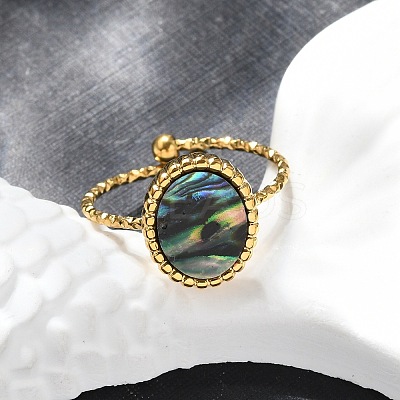 Oval 304 Stainless Steel Paua Shell Cuff Rings for Women RJEW-G346-07G-01-1