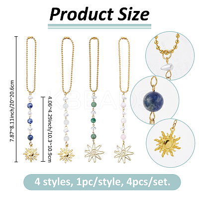 4Pcs 4 Styles Glass & Alloy & Natural Rose Quartz & Green Aventurine & Blue Spot Jasper Sun Pendant Decoration HJEW-FH00168-1