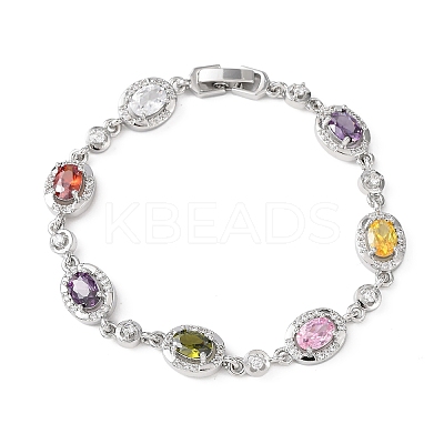 Oval Brass Micro Pave Cubic Zirconia Link Chain Bracelets for Women BJEW-D387-04P-06-1